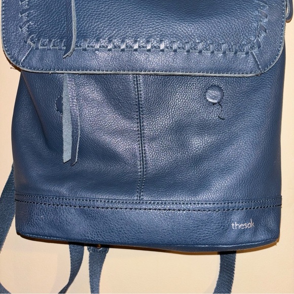 The Sak Blue Pebbled Leather and Canvas Whipstitch Flap Backpack - Picture 3 of 16